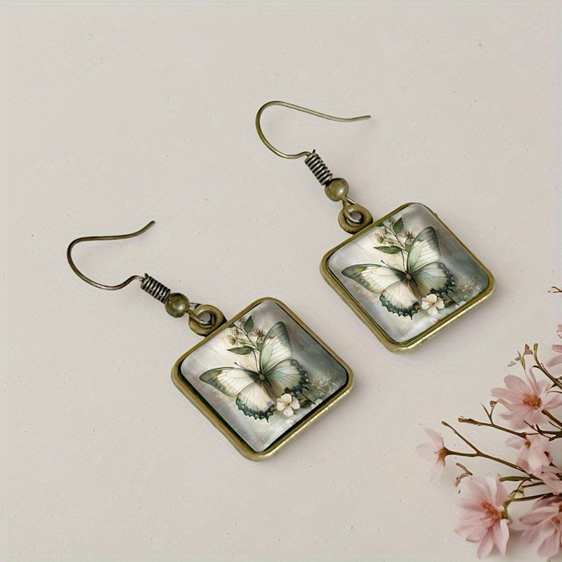 Vintage Square Earrings with Butterfly Oil Painting, Handmade
